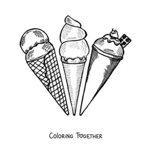 Coloring page of three ice cream cones in different flavors