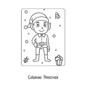 Coloring page of an animated Christmas elf dressed as Santa Claus