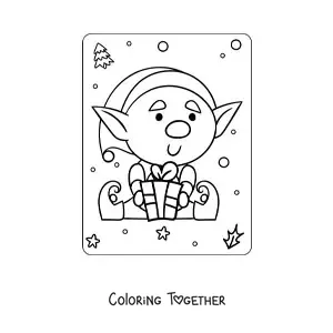 Coloring page of an animated Christmas elf sitting with a gift