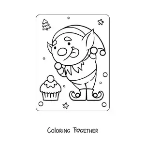 Coloring page of an animated Christmas elf with a candy
