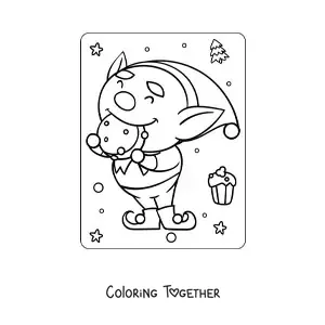 Coloring page of an animated Christmas elf eating a cookie