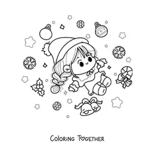 Coloring page of a kawaii Christmas girl
