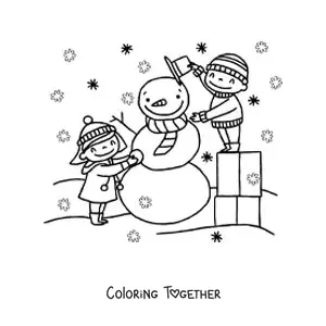 Coloring page of children building a snowman at Christmas