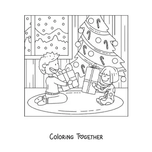Coloring page of children opening gifts at home on Christmas