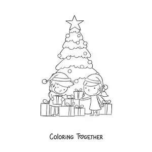 Coloring page of children opening gifts by the Christmas tree
