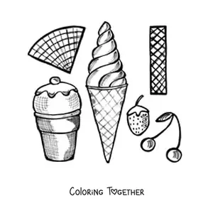 Coloring page of two ice creams with strawberry and cherry cones