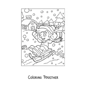 Coloring page of a boy sliding on a sled at Christmas
