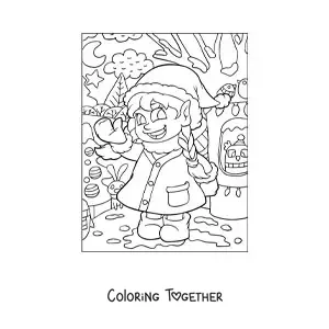 Coloring page of a girl playing in the snow at Christmas