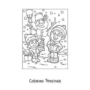Coloring page of children with Christmas gifts and a snowman