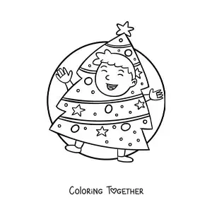 Coloring page of a boy dressed up as a Christmas tree