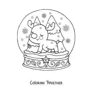 Coloring page of a kawaii snow globe with a reindeer