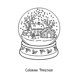 Coloring page of a pretty snow globe with a landscape