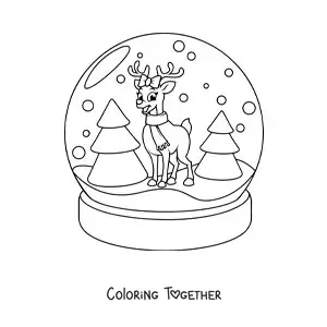 Coloring page of a crystal snow globe with a reindeer