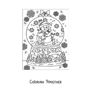 Coloring page of a realistic snow globe with a snowman