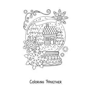 Coloring page of a crystal snow globe with a landscape