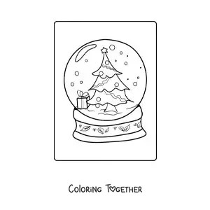 Coloring page of a snow globe with a Christmas tree