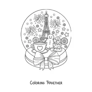 Coloring page of a snow globe with a Paris landscape