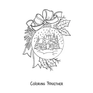 Coloring page of a Christmas snow globe on a Christmas tree