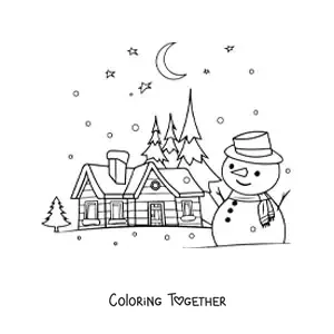 Coloring page of a snowman with a landscape