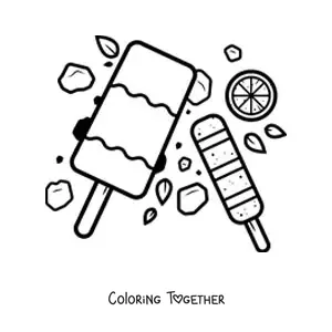 Coloring page of two ice cream popsicles with a slice of lemon