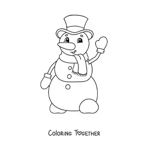Coloring page of a cartoon snowman with a hat and a scarf