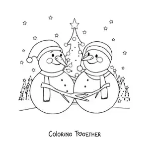 Coloring page of two snowmen with a landscape