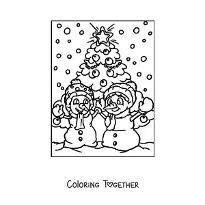 Coloring page of two snowmen at Christmas