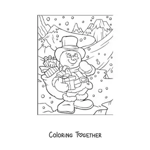 Coloring page of a snowman with gifts