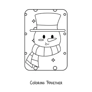 Coloring page of a snowman face with a hat and a scarf