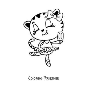 Coloring page of a cartoon dancing cat eating ice cream