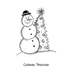 Coloring page of a Christmas snowman