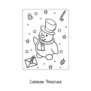 Coloring page of a kawaii Christmas snowman