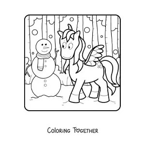 Coloring page of a snowman with a unicorn