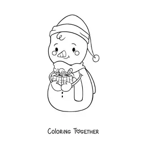 Coloring page of a kawaii snowman with gifts