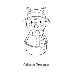 Coloring page of a kawaii reindeer snowman with a scarf