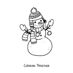 Coloring page of a bundled-up snowman