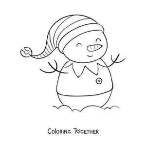 Coloring page of a snowman in an elf costume