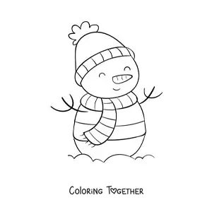 Coloring page of a snowman in winter clothes