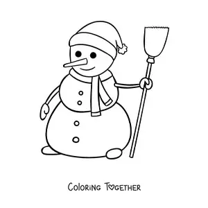 Coloring page of a big cartoon snowman with a broom