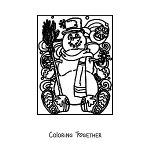 Coloring page of a snowman with a hat and a broom