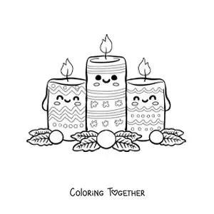 Coloring page of kawaii cartoon Christmas candles with festive motifs