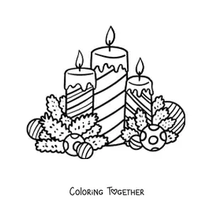 Coloring page of Christmas candles with baubles and ornaments
