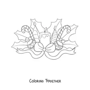 Coloring page of a Christmas candle with candy canes and baubles