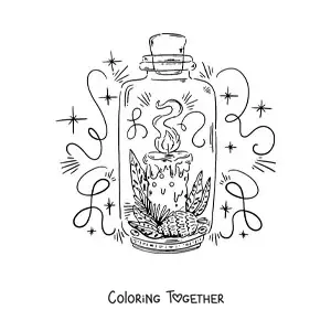 Coloring page of a lit Christmas candle with a pinecone