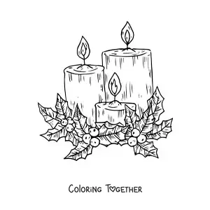 Coloring page of three realistic lit Christmas candles