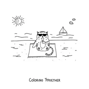 Coloring page of a cartoon cat sitting and eating ice cream at the beach