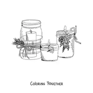 Coloring page of realistic Christmas candles in jars