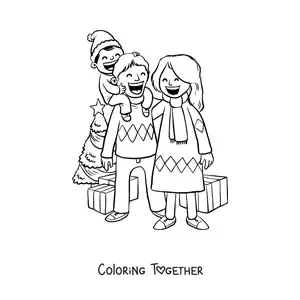 Coloring page of a family with a boy celebrating Christmas by the little tree