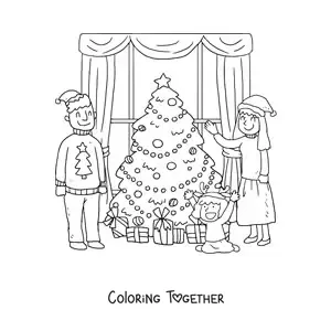 Coloring page of a family with a girl celebrating Christmas at home by the little tree