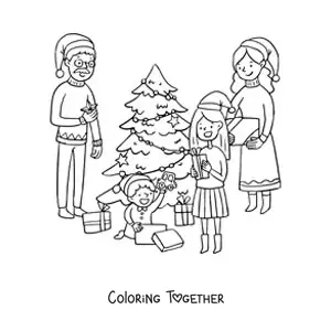 Coloring page of a family with children opening gifts at Christmas